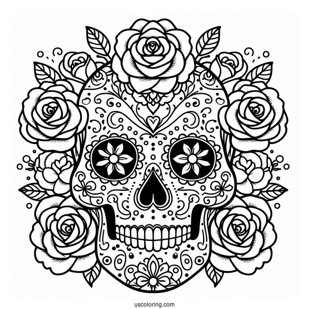 Easy Sugar Skulls Coloring Page Design With Roses On The Head