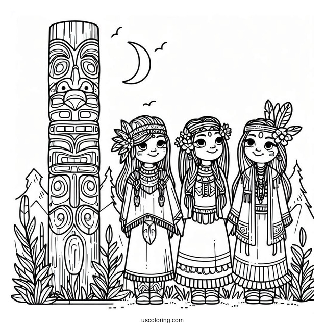Cartoon Native American Coloring Page Women Beside Totem Pole