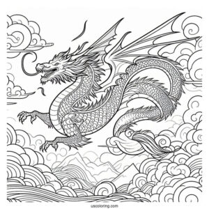 Dragon Flying In A Cloudy Sky Coloring Page