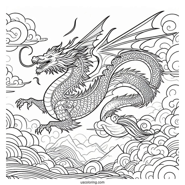 Dragon Flying In A Cloudy Sky Coloring Page
