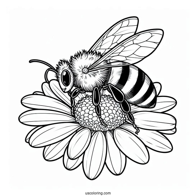 Large Bee Coloring Page On Top Of A Daisy