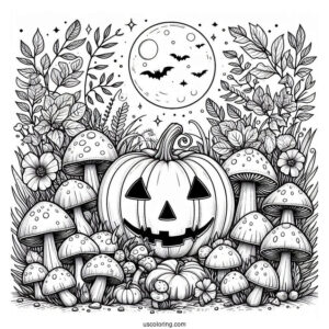 Pumpkin Coloring Page Of Creepy Jack O Lantern Surrounded By Mushrooms In The Garden