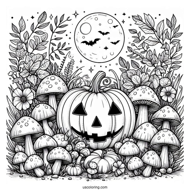 Pumpkin Coloring Page Of Creepy Jack O Lantern Surrounded By Mushrooms In The Garden