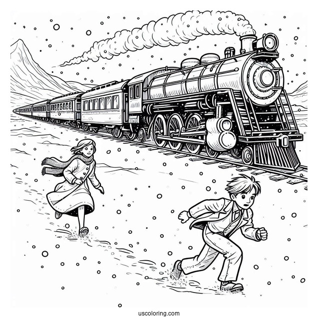 Polar Express Coloring Page Of Lonely Boy And Hero Girl Chasing Hero Boy In The Snow