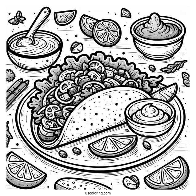 Taco Coloring Page On A Plate With Salsa