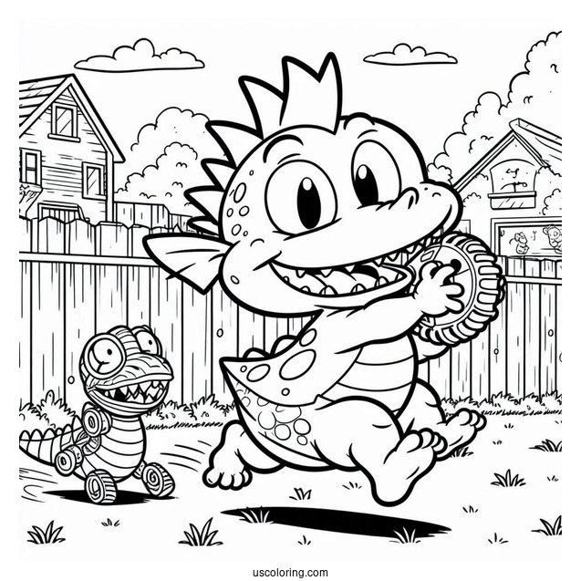Rugrats Coloring Page Of Spike Running In Backyard With Toy Reptar
