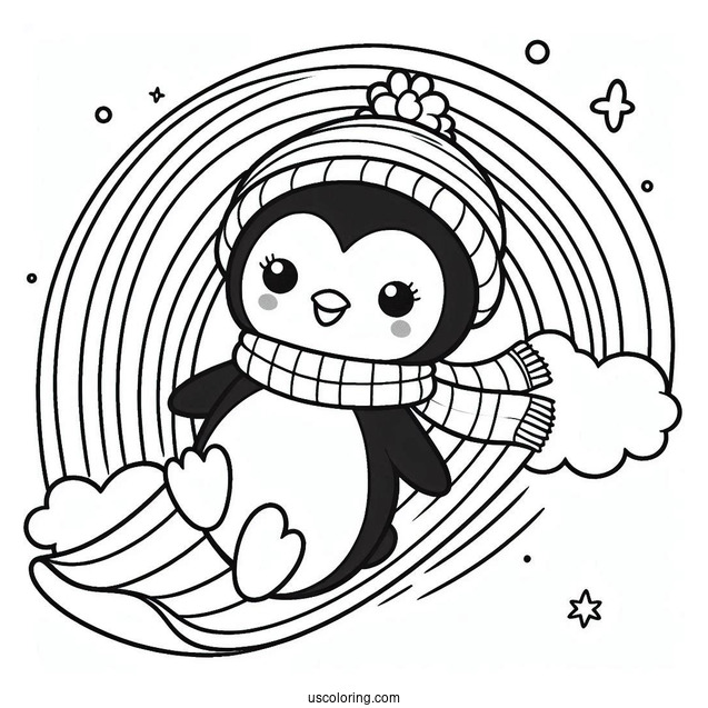 Cute Penguin With A Scarf Sliding Down A Rainbow