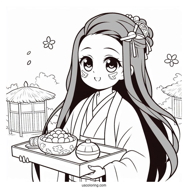 Nezuko Coloring Page And Muichiro Carring Tray Of Food