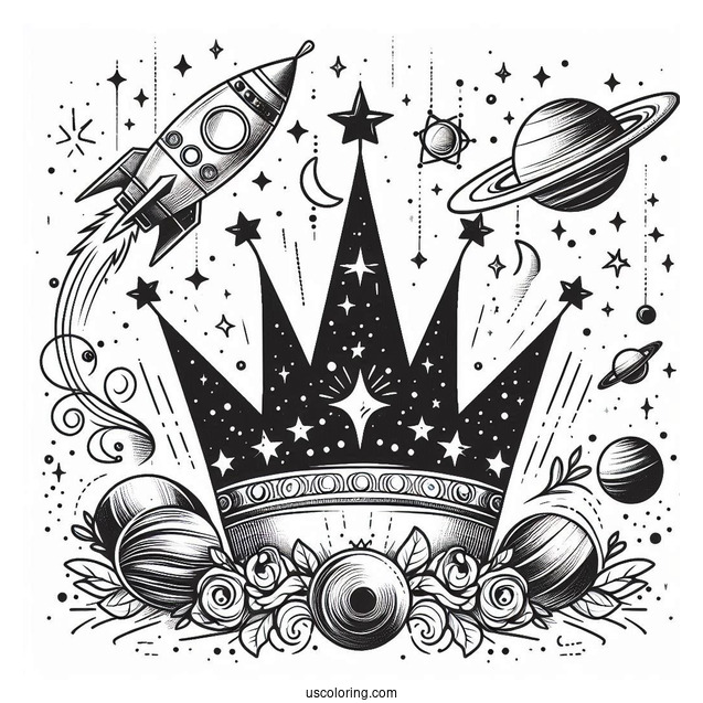 Galactic Crown Coloring Page with Planets, Stars, and Rocket Launch