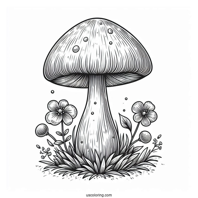 Realistic Mushroom Coloring Page Growing With Flowers