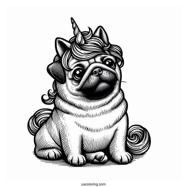 Pug Wearing a Unicorn Horn To Color