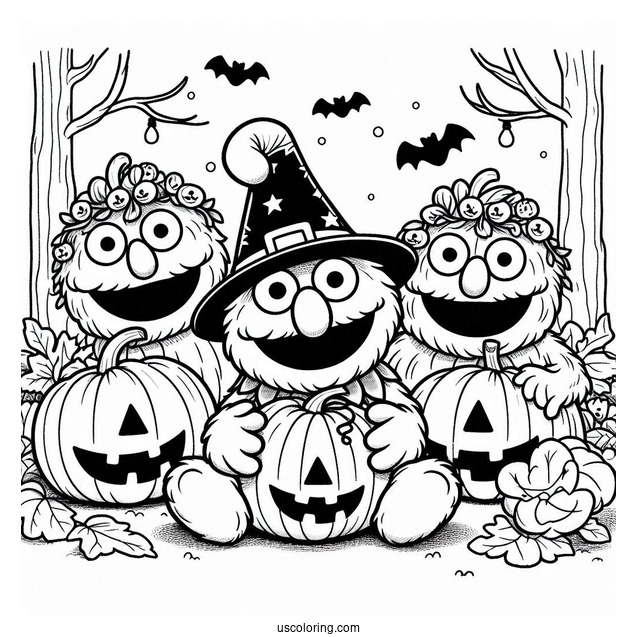 Halloween Sesame Street With Jack-O-Lanterns Coloring Page