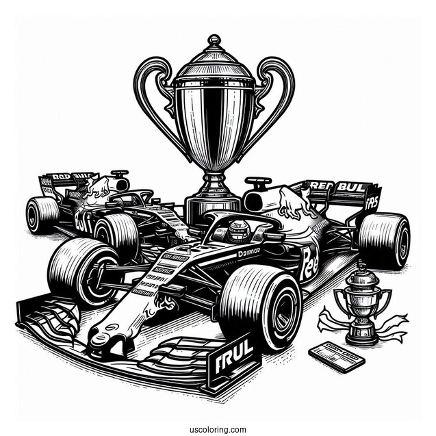 F1 Coloring Page Of Red Bull RB13 Race Car With Trophy In Background