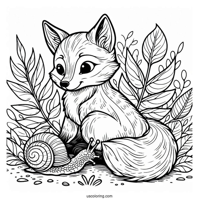 Young Fox Coloring Page Watching A Large Snail On A Leaf