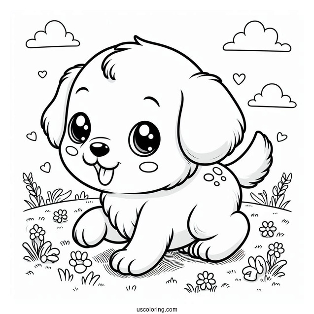Cute Coloring Page Of Puppy Playing In A Field For Kids