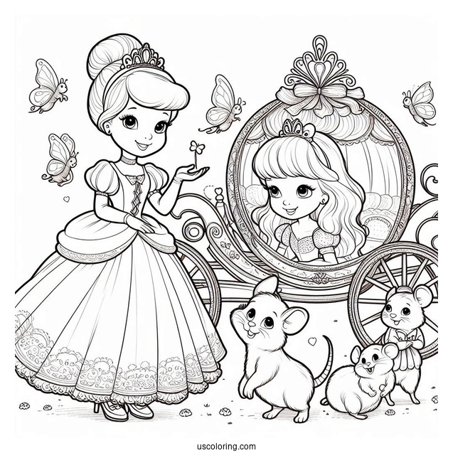 Cinderella With Mice, Fairy And Carriage To Color For Kids