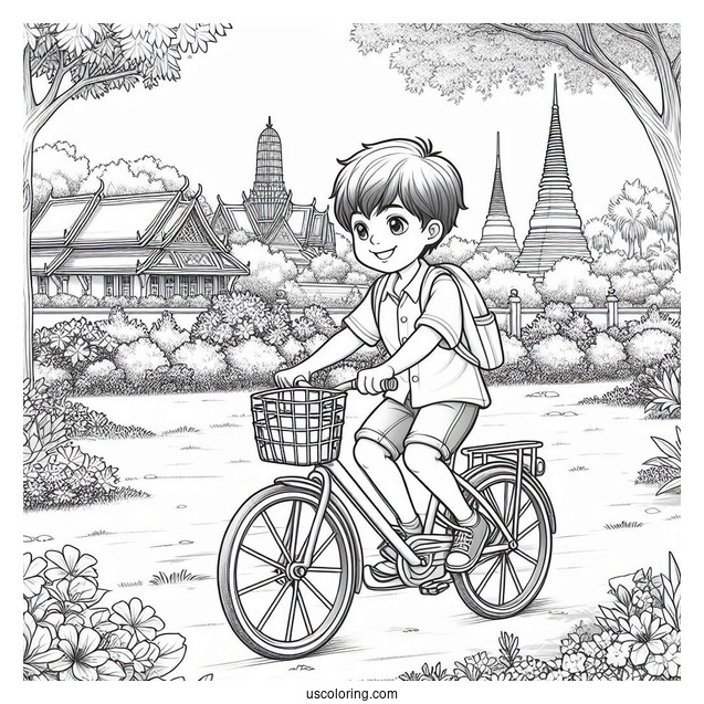 Realistic Little Boy Riding Bicycle Coloring Page In A Park