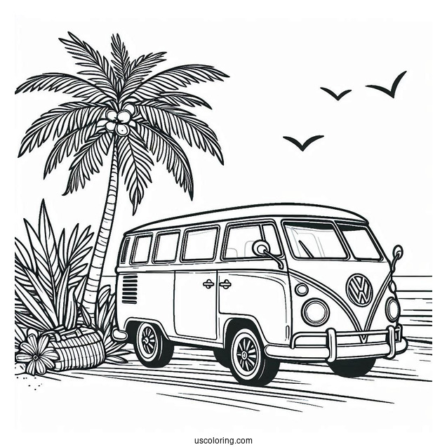 Volkswagen Van Next To A Palm Tree Summer Coloring Page