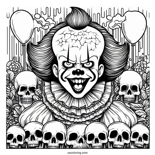 Laughing Pennywise With Skulls In Front Of A Haunted House