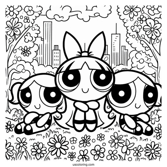 The Powerpuff Girls Sitting In a Park With Flowers