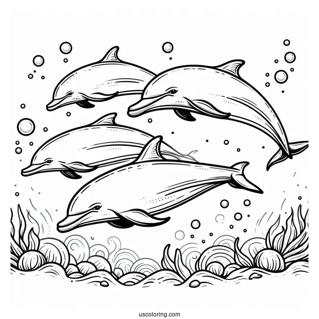 Pod Of Dolphins Underwater Coloring Page
