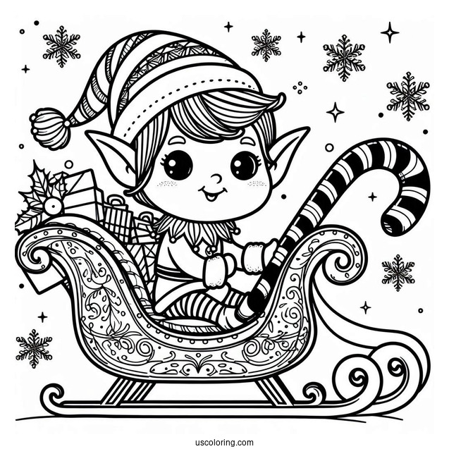Cute Elf Riding Candy Cane Sleigh