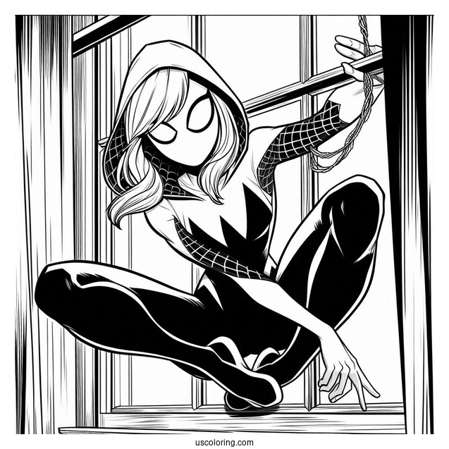 Spider-Gwen Coloring Page Swinging Out Of A Window In Spider Man Multiverse