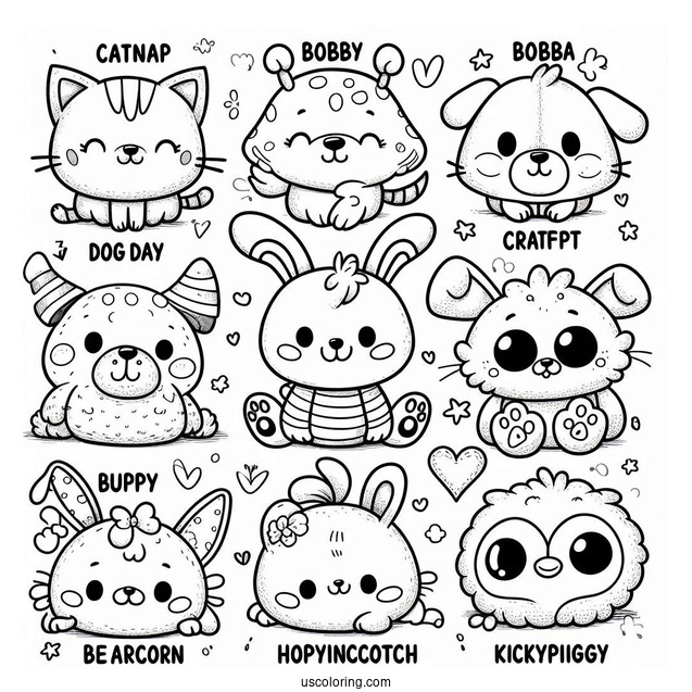 Smiling Critters Coloring Page Of CatNap, DogDay, Bobby BearHug, Bubba Bubbaphant, CraftyCorn, Hoppy Hopscotch, KickinChicken, And PickyPiggy