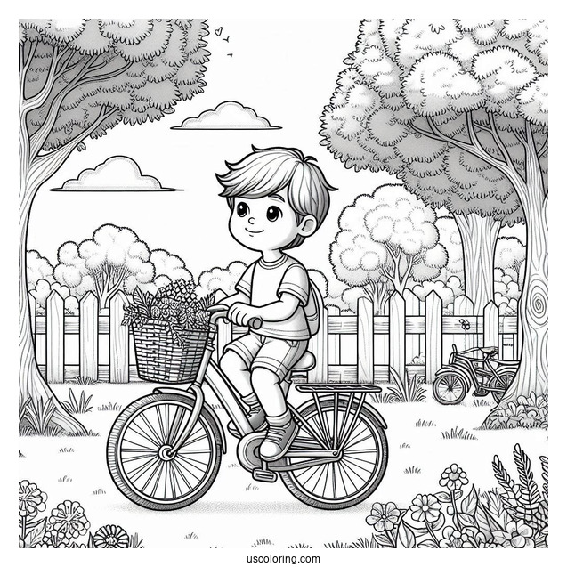 Realistic Little Boy Riding Bicycle Coloring Page In A Park