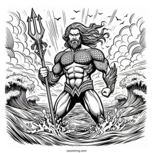 Aquaman Coloring Page Angry Poseidon Holding His Trident Above The Sea