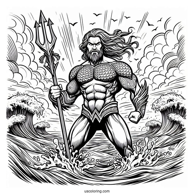Aquaman Coloring Page Angry Poseidon Holding His Trident Above The Sea