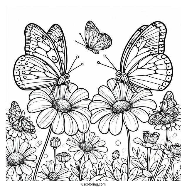 Several Butterflies Enjoying A Flower Field Coloring Page