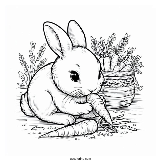 Rabbit Coloring Page Chewing On Carrots While Harvesting In A Farm