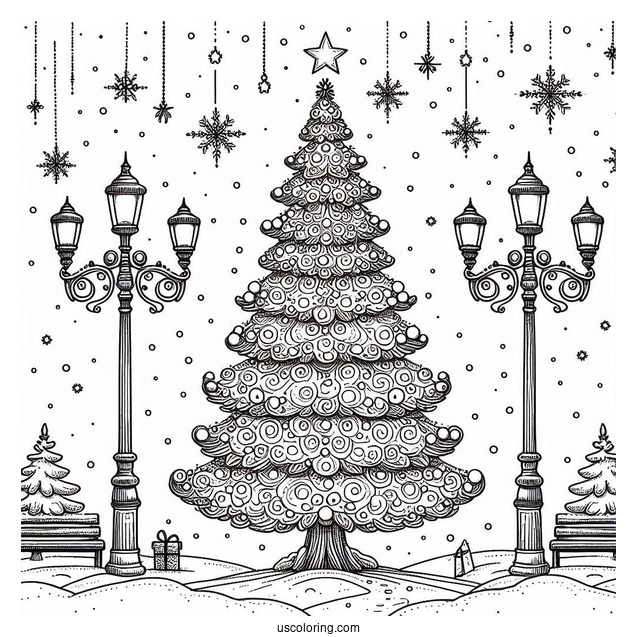 Christmas Tree In The Snow With Lamp Posts