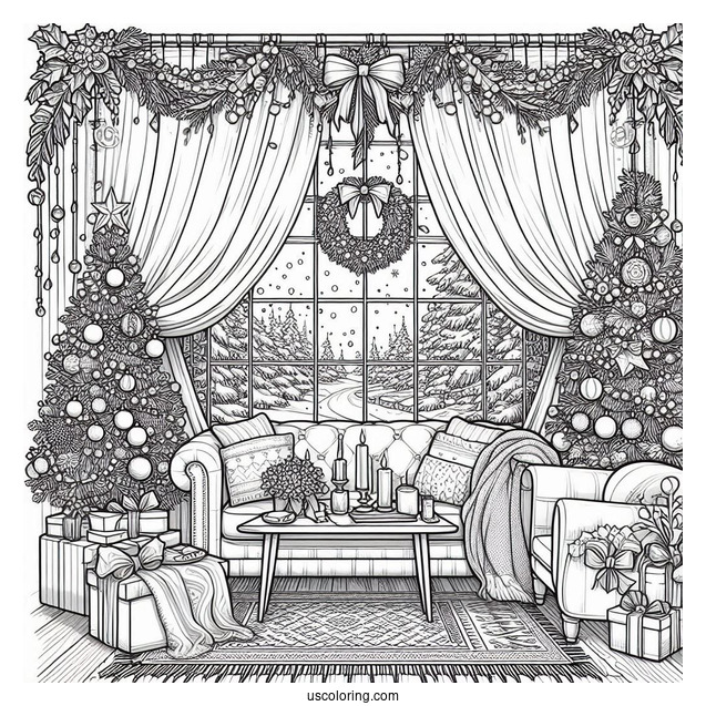 Christmas Coloring Pages For Adults Of Window Looking Into Living Room With Christmas Decors