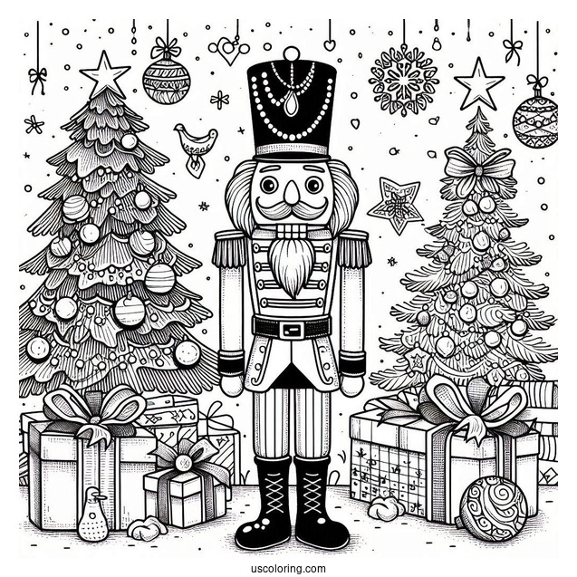 Detailed Nutcracker Coloring Page In Front Of Presents And Christmas Trees