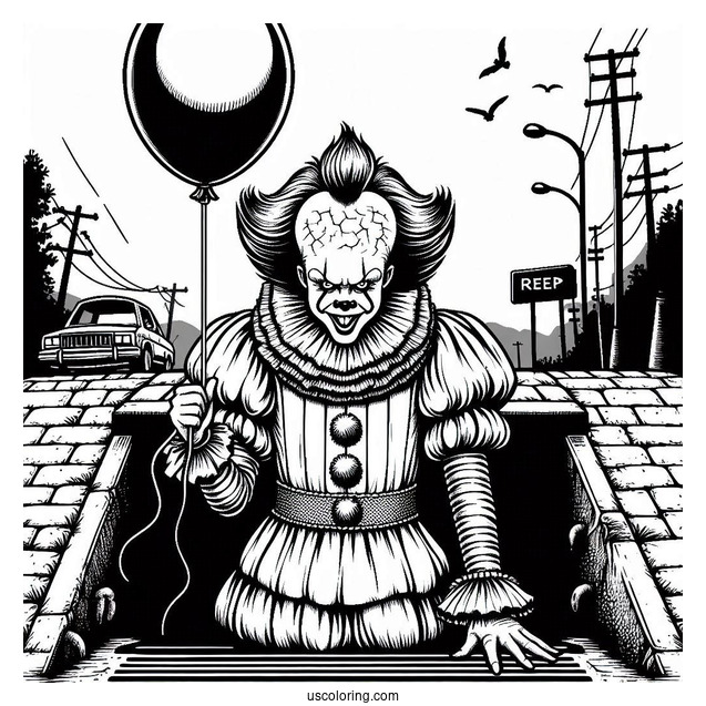 Terrifying Pennywise Coloring Page Holding A Balloon In Front Of A Sewer