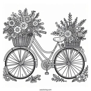 Cute Bicycle Coloring Page With Basket Full Of Flowers For Kids