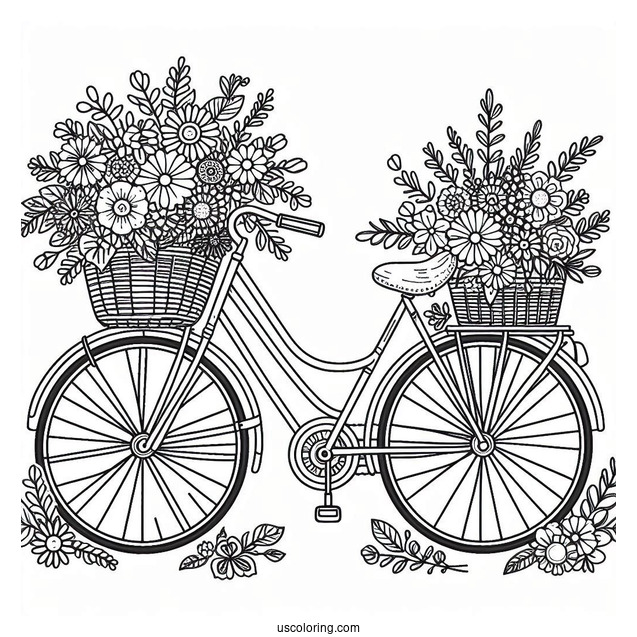 Cute Bicycle Coloring Page With Basket Full Of Flowers For Kids
