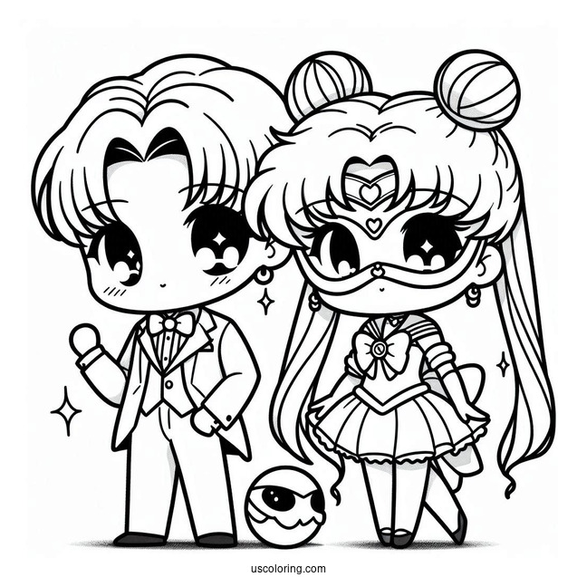 Cute Kawaii Tuxedo Mask And Sailor Moon Coloring Sheet