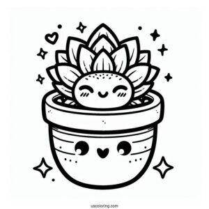 Kawaii Succulent Coloring Page In A Pot For Preschoolers