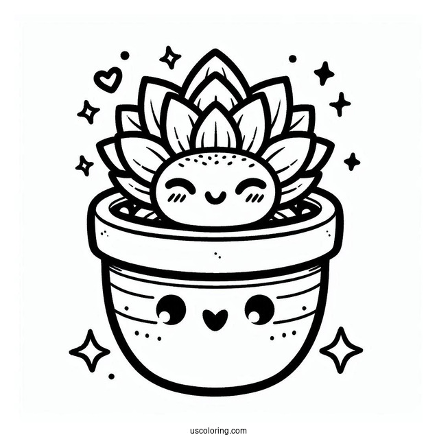 Kawaii Succulent Coloring Page In A Pot For Preschoolers