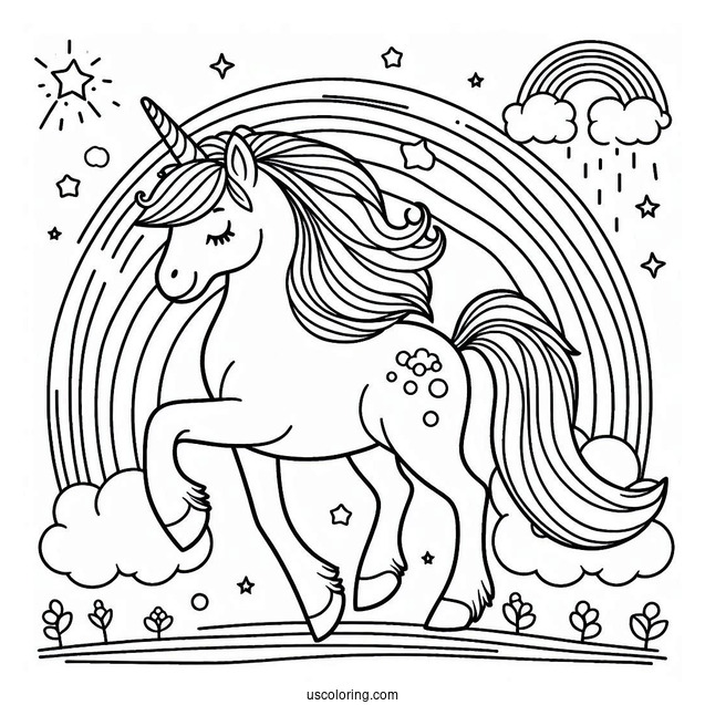 Unicorn Strolling On A Rainbow Coloring Sheet For Preschoolers