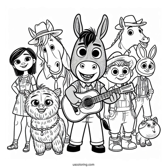 Sing Coloring Page Of Buster Moon With Rosita, Mike, Ash, Johnny, Meena, Gunter, And Eddie