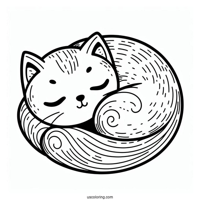 Cat Curled Up Coloring Sheet For Preschoolers