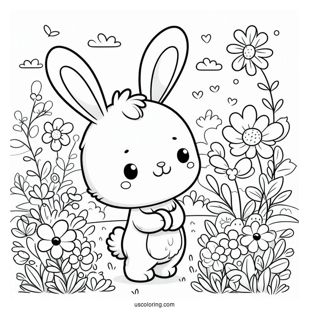 Pretty Little Easter Bunny Coloring Page In Flower Field For Kids