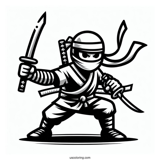 Easy Ninja With Swords In A Fight Coloring Page For Kids