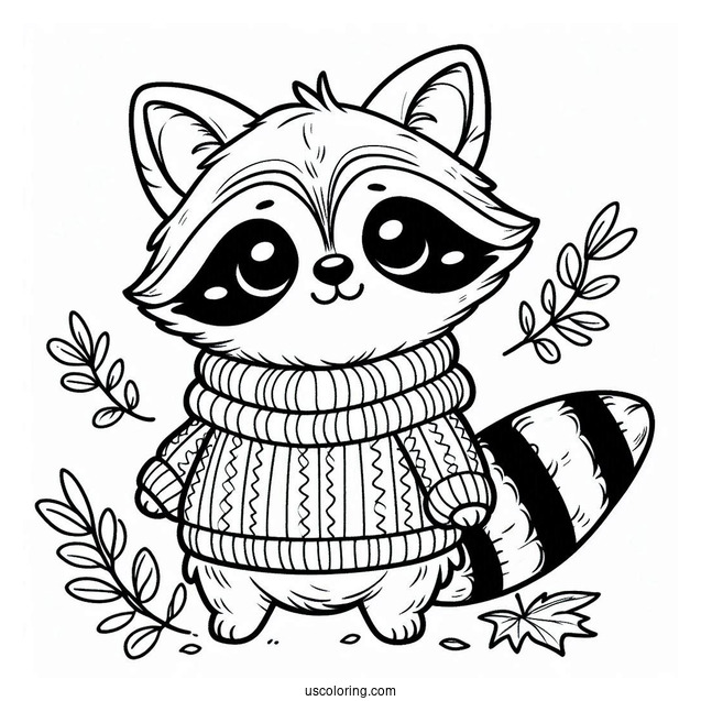 Cute Raccoon Coloring Page In A Sweater In Fall
