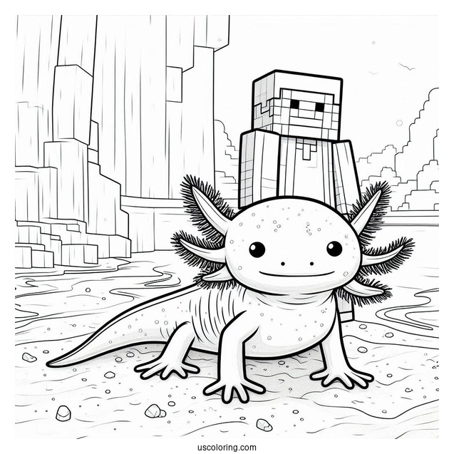 Axolotl Coloring Page Standing Beside Minecraft Steve