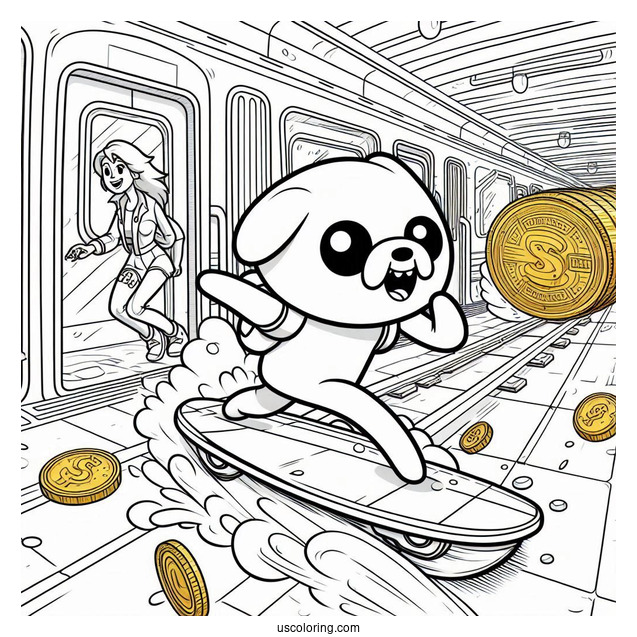 Subway Surfers Coloring Page Jake Chasing Gold Coins Behind A Subway